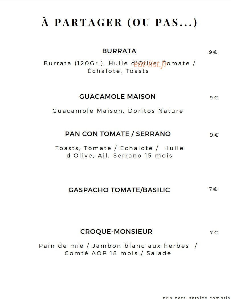 Bistrot des Artistes — carte page 1