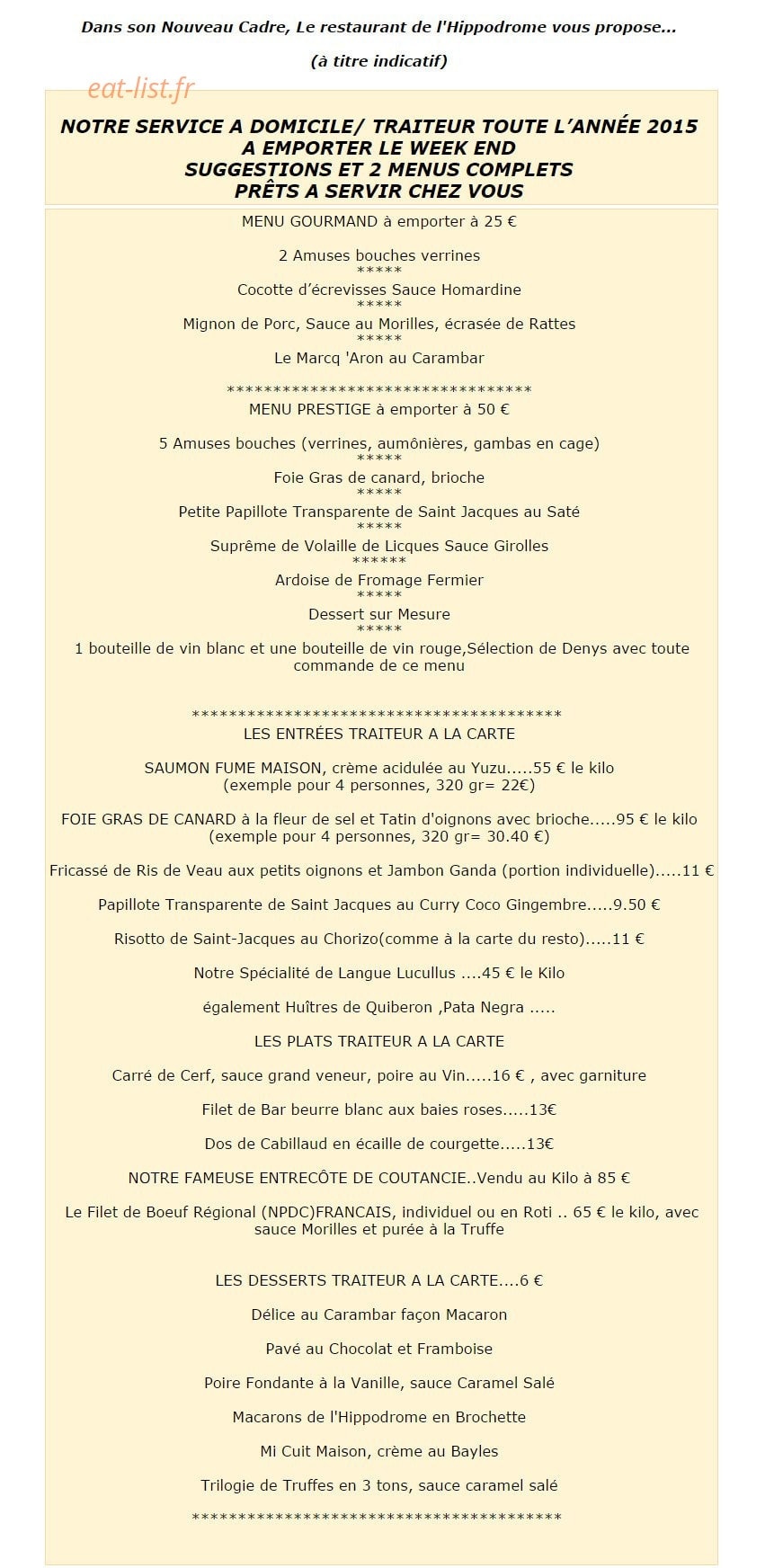 Restaurant de l'Hippodrome — carte page 1
