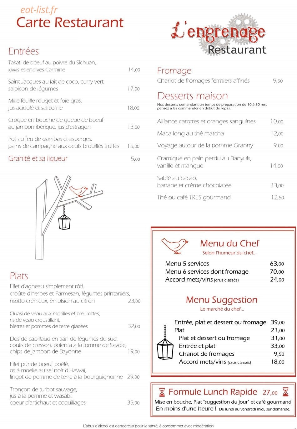 Engrenage restaurant — carte page 1