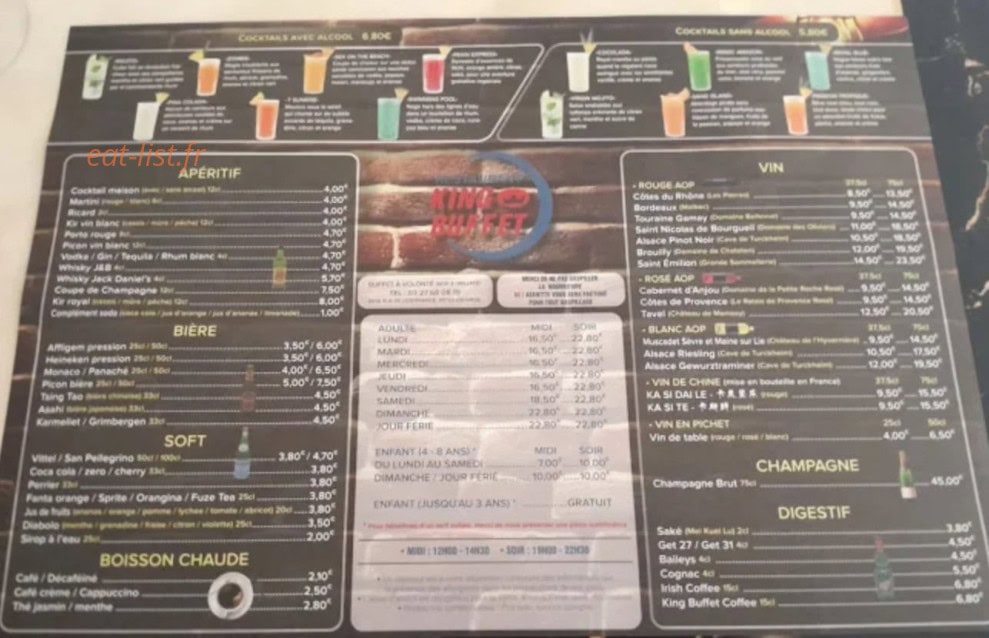 Carte et menu de King Buffet à Louvroil — La carte