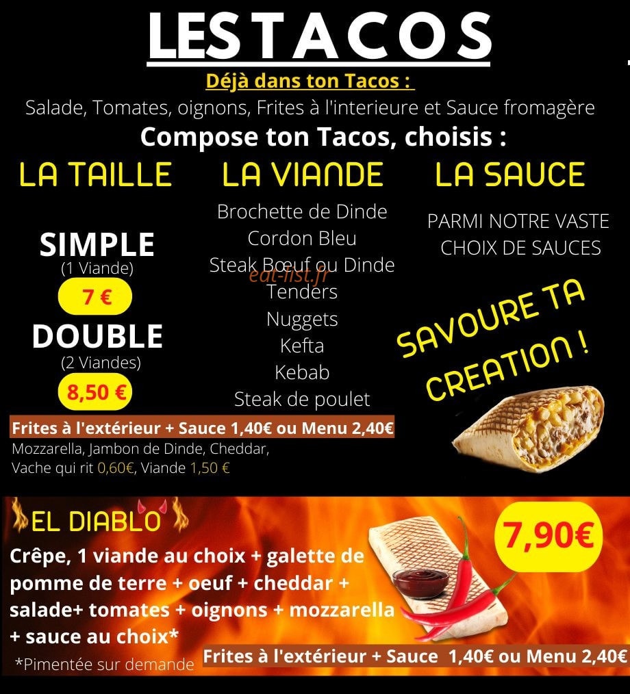 Carte et menu de O'Delicieux En-Cas à Louvroil — Les tacos