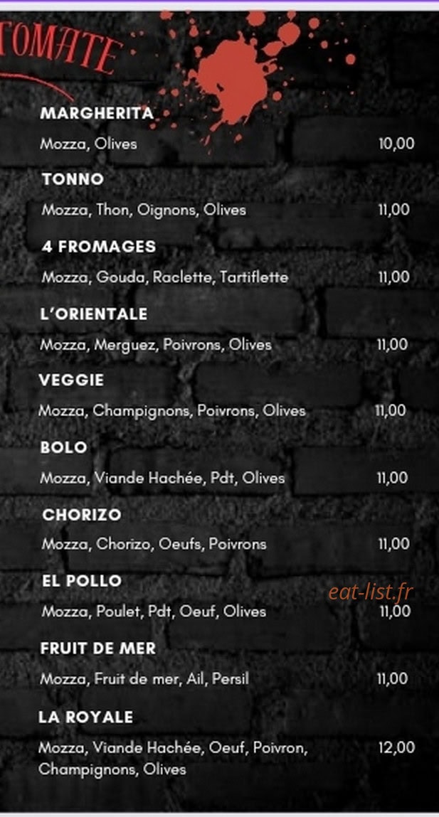 Carte et menu de Le Fournil Pizza De Feignies à Feignies — Les pizzas base tomate