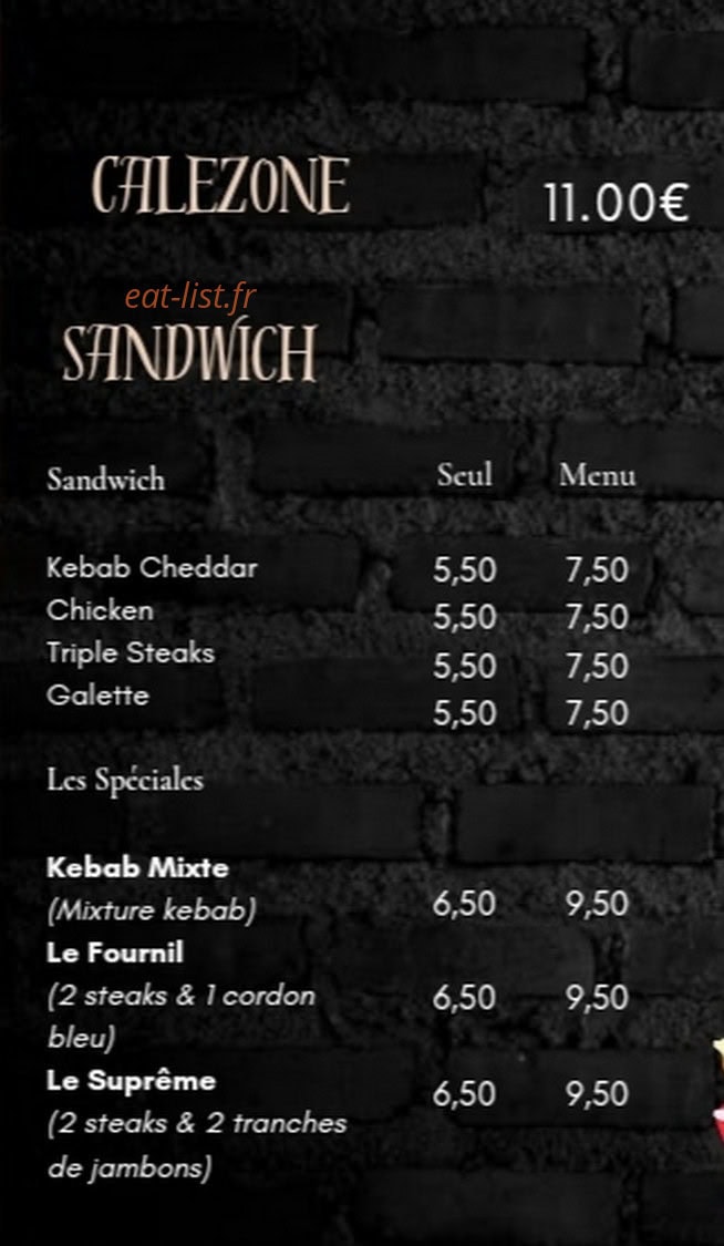 Carte et menu de Le Fournil Pizza De Feignies à Feignies — Les calezone, sandwiches