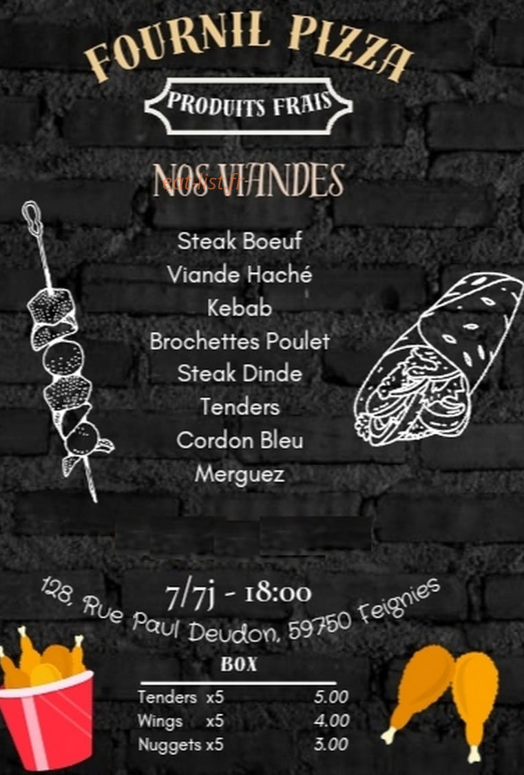 Carte et menu de Le Fournil Pizza De Feignies à Feignies — Les viandes