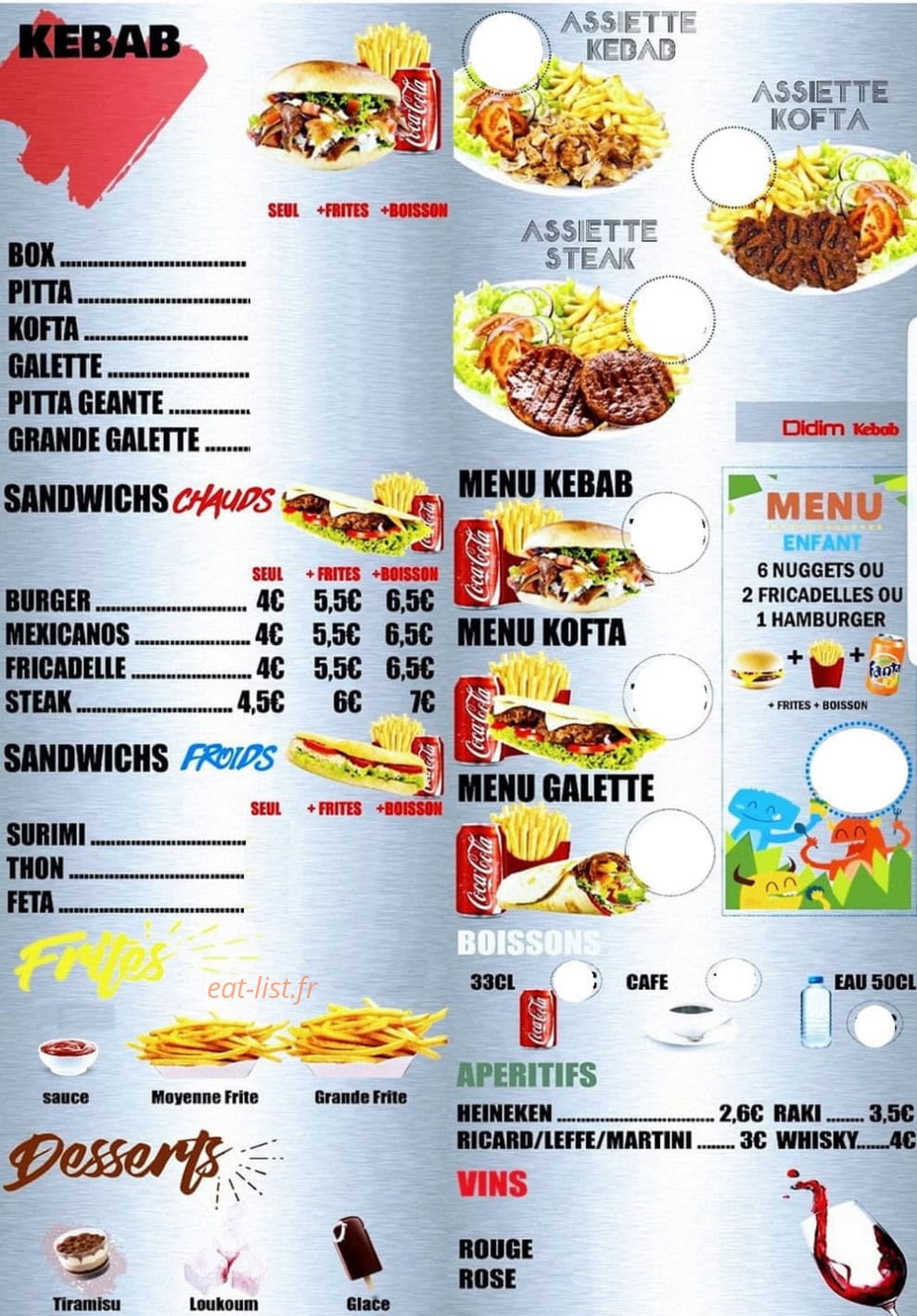 Carte et menu de Didim Kebab à Baisieux — La carte