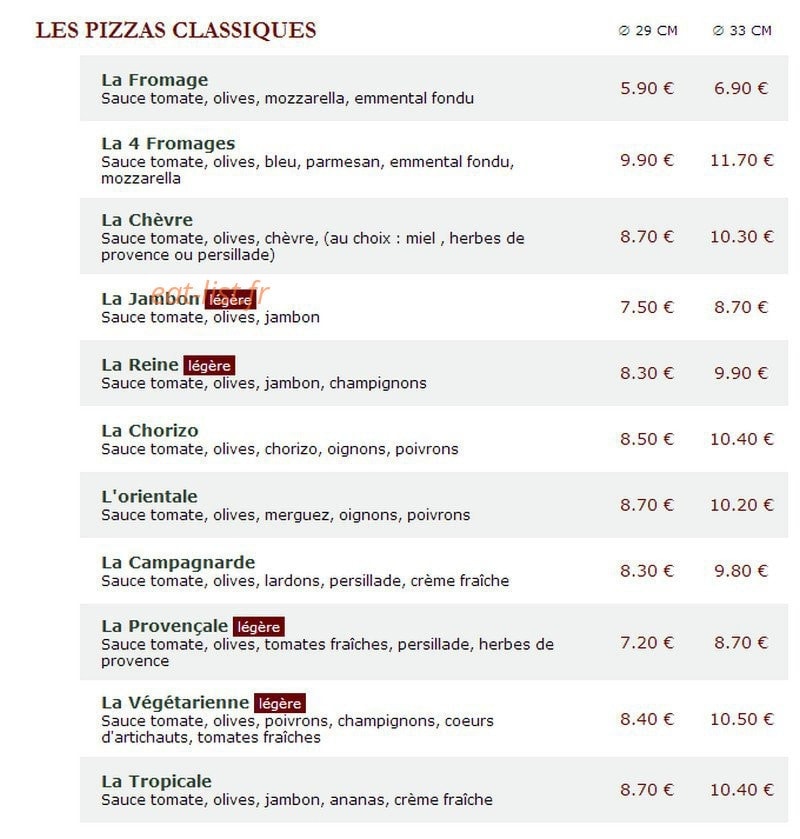 Le Kiosque à Pizzas — carte page 1