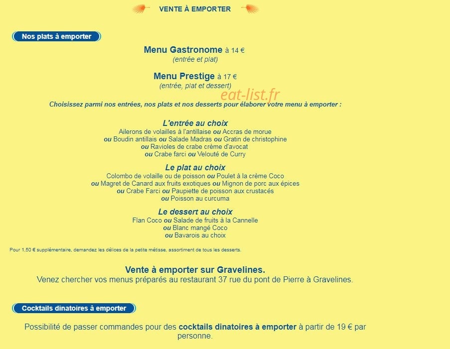 Carte et menu de Le Domaine de la Petite Métisse à Gravelines — Vente à emporter