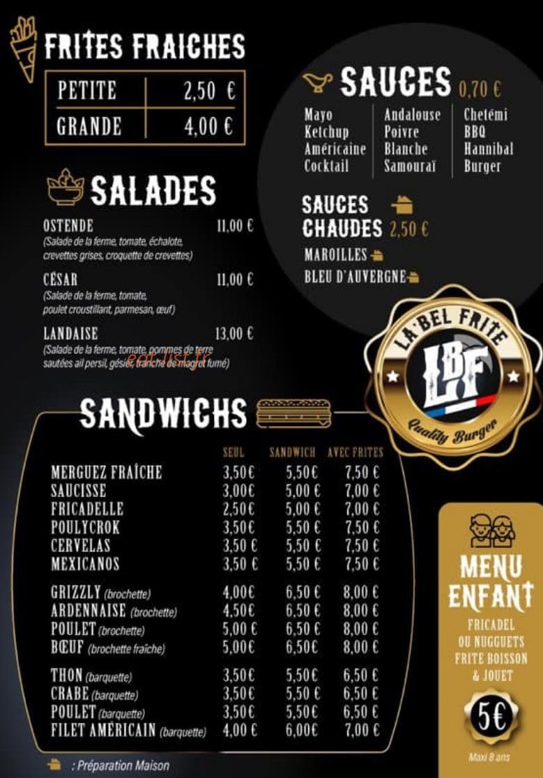 La Bel Frite — carte page 1
