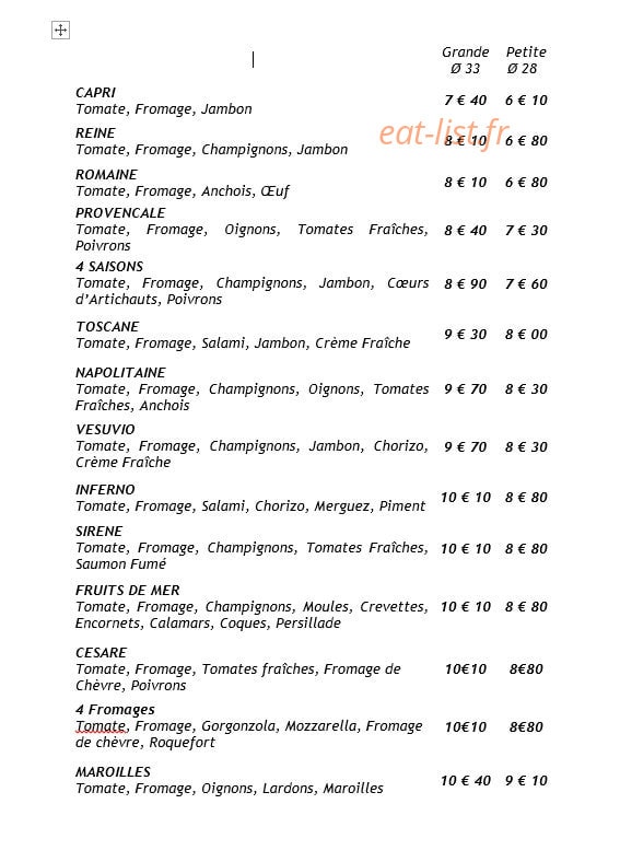 Carte et menu de Le Vieux Fournil à Estaires — Les pizzas