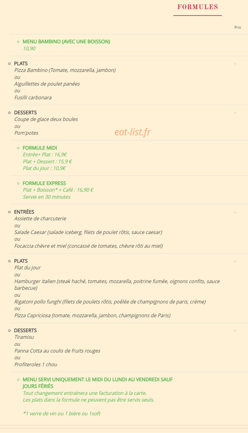 Carte et menu de La Fabbrica del Gusto à Beauvais — Les formules
