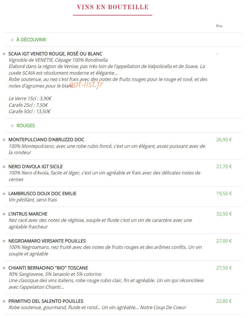 Carte et menu de La Fabbrica del Gusto à Beauvais — Les vins en bouteille