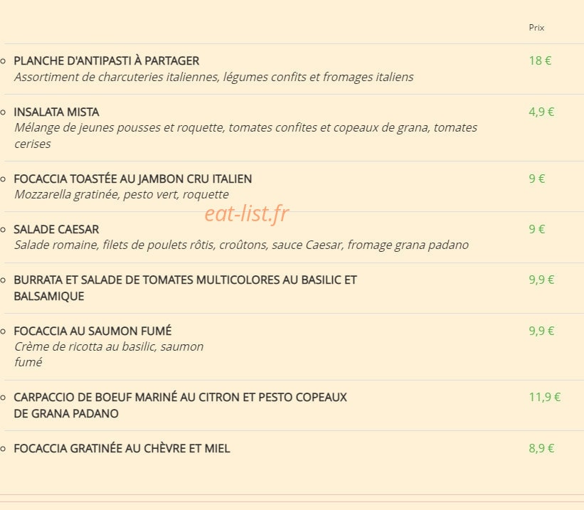 Carte et menu de La Fabbrica del Gusto à Beauvais — Les entrées