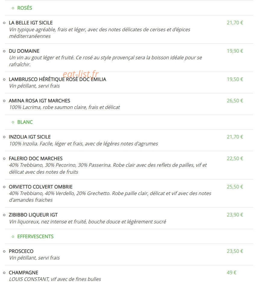 Carte et menu de La Fabbrica del Gusto à Beauvais — Les vins en bouteille suite