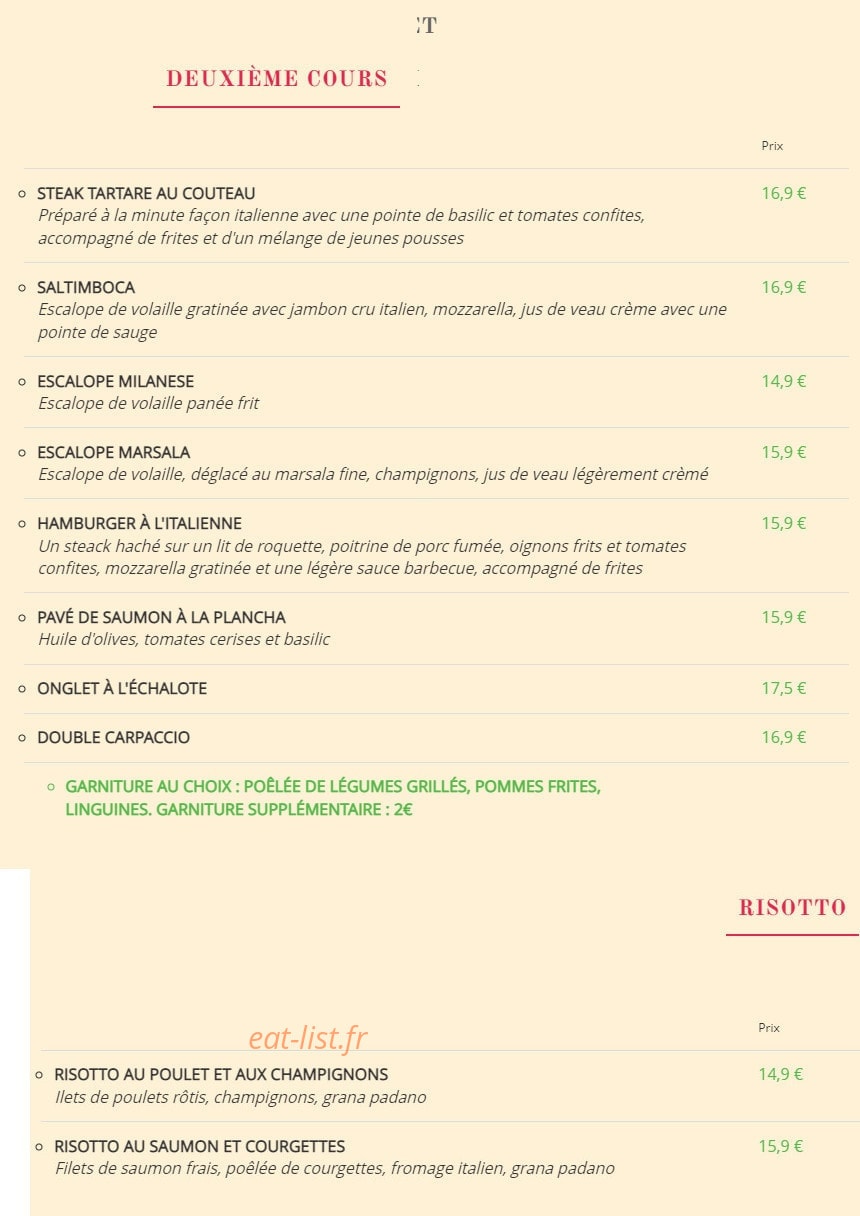 Carte et menu de La Fabbrica del Gusto à Beauvais — Deuxième cours et risotto