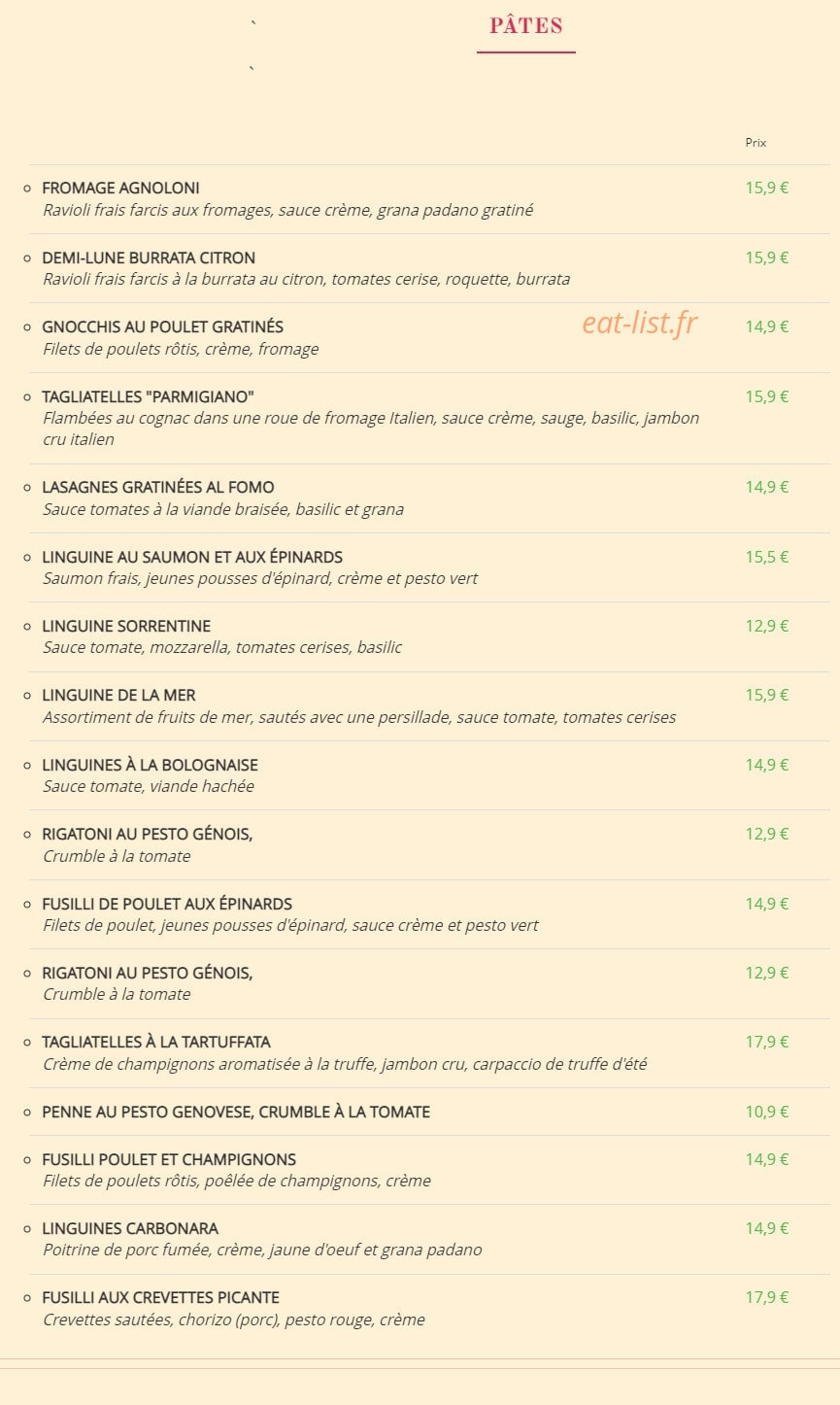 Carte et menu de La Fabbrica del Gusto à Beauvais — Les pates