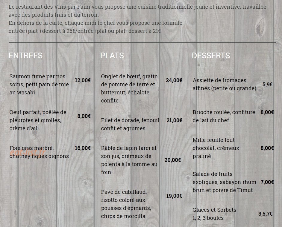 Les Vins par Faim — carte page 1