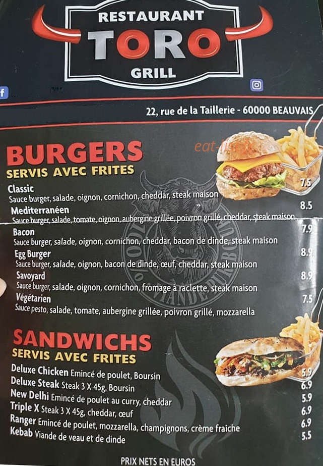 Toro Grill — carte page 1