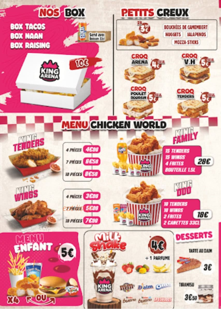 Carte et menu de King arena à Creil — Box, petits creux