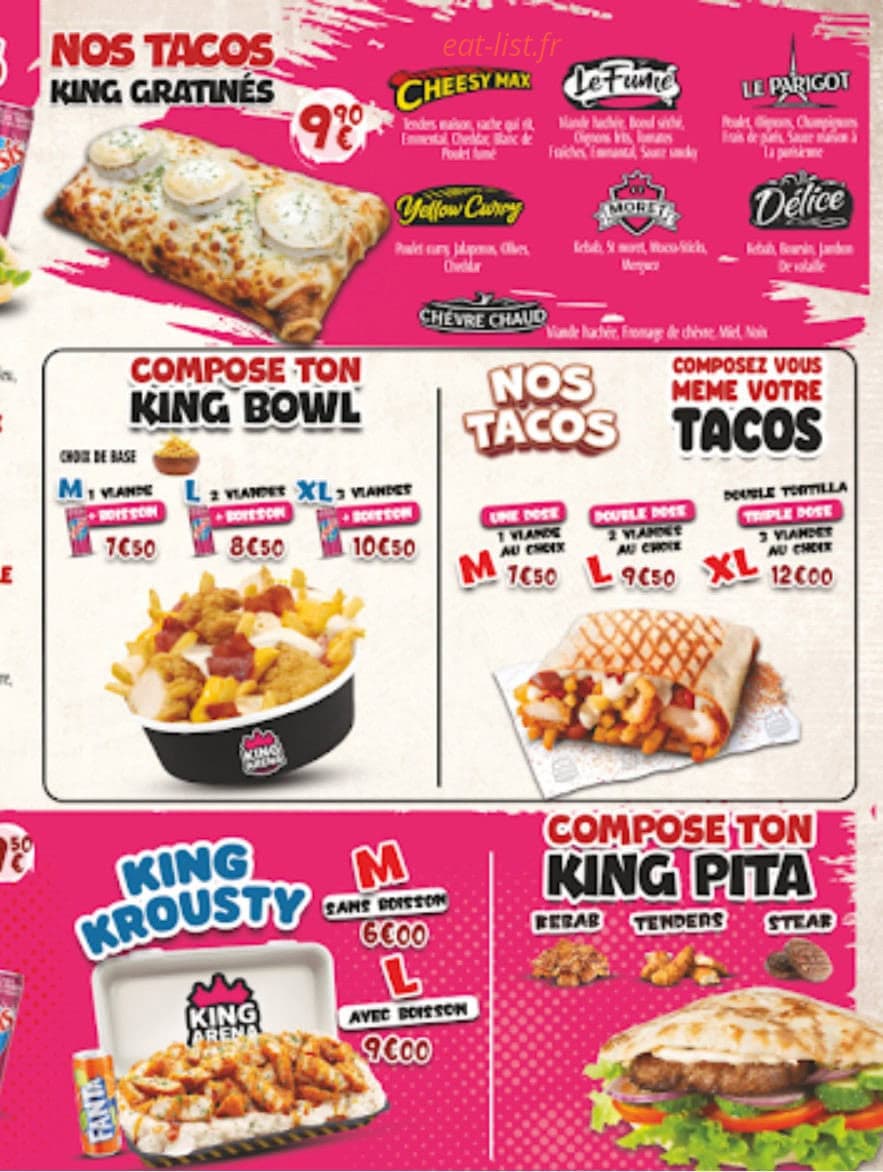 Carte et menu de King arena à Creil — Tacos, king bowl...