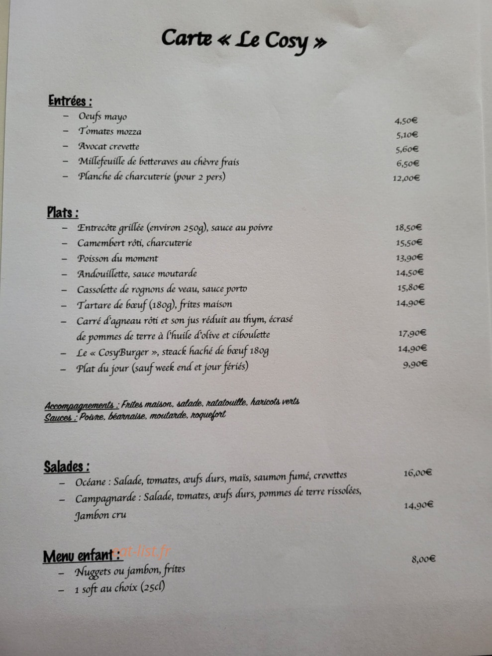 Le Cosy — carte page 1