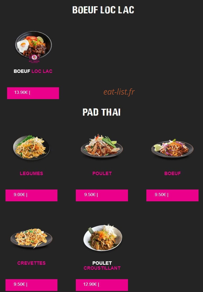 Carte et menu de My Sushi à Saint Just en Chaussee — Bœuf loc lac et pad thai