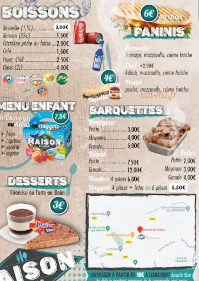 Carte et menu de Maison Du Kebab à Liancourt — Boissons, desserts