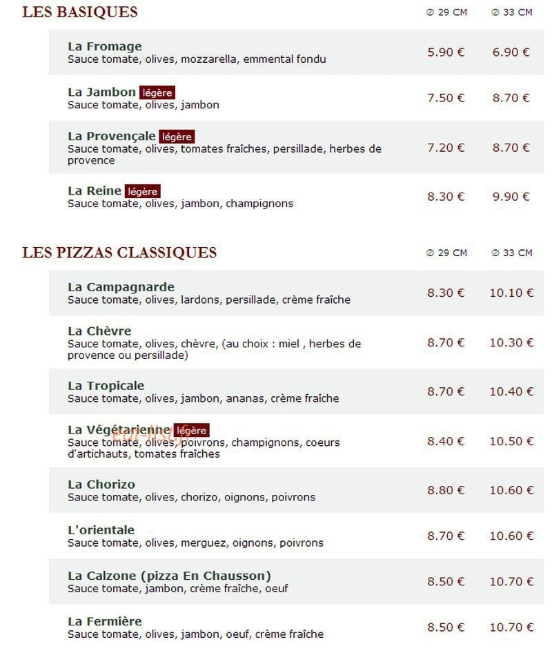 Le Kiosque à Pizzas — carte page 1