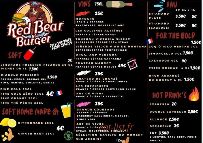 Red Bear N' Burger — carte page 1