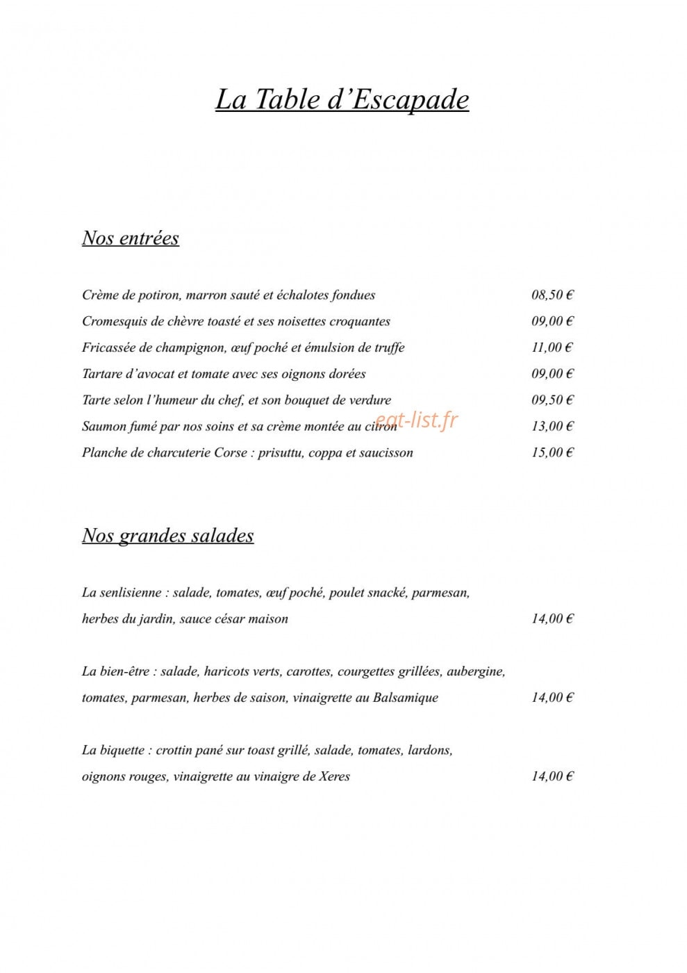 La Table d'Escapde — carte page 1