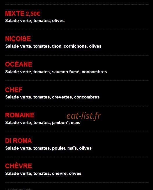 Carte et menu de Pizza roma à Crevecoeur le Grand — Les salades