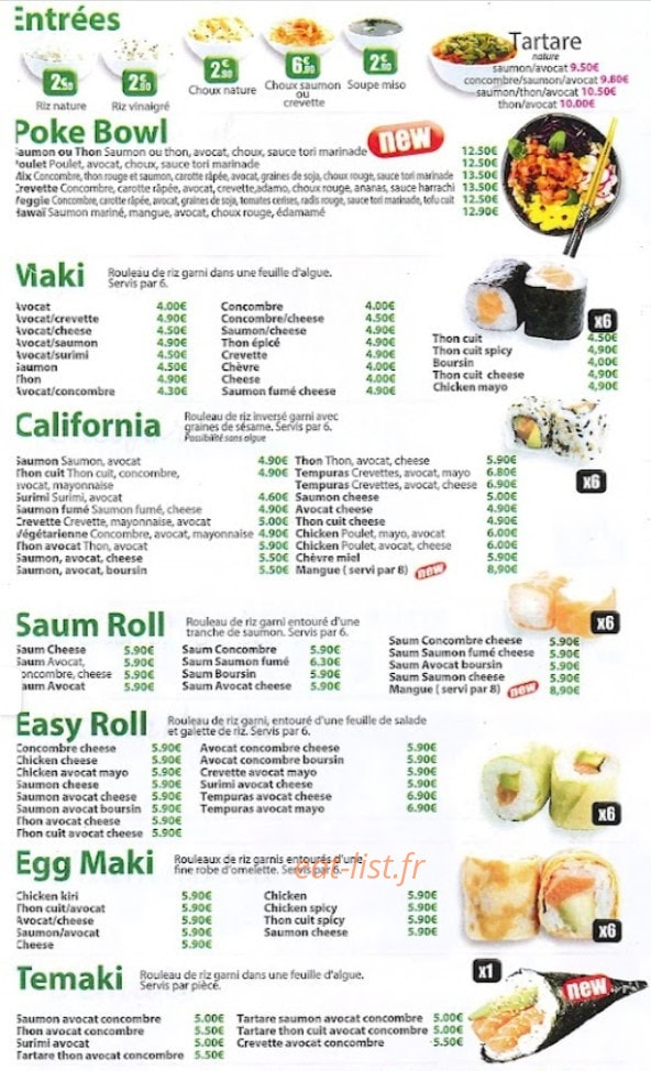 Carte et menu de Sushi Tori à Crevecoeur le Grand — Les entrées, california et temaki,...
