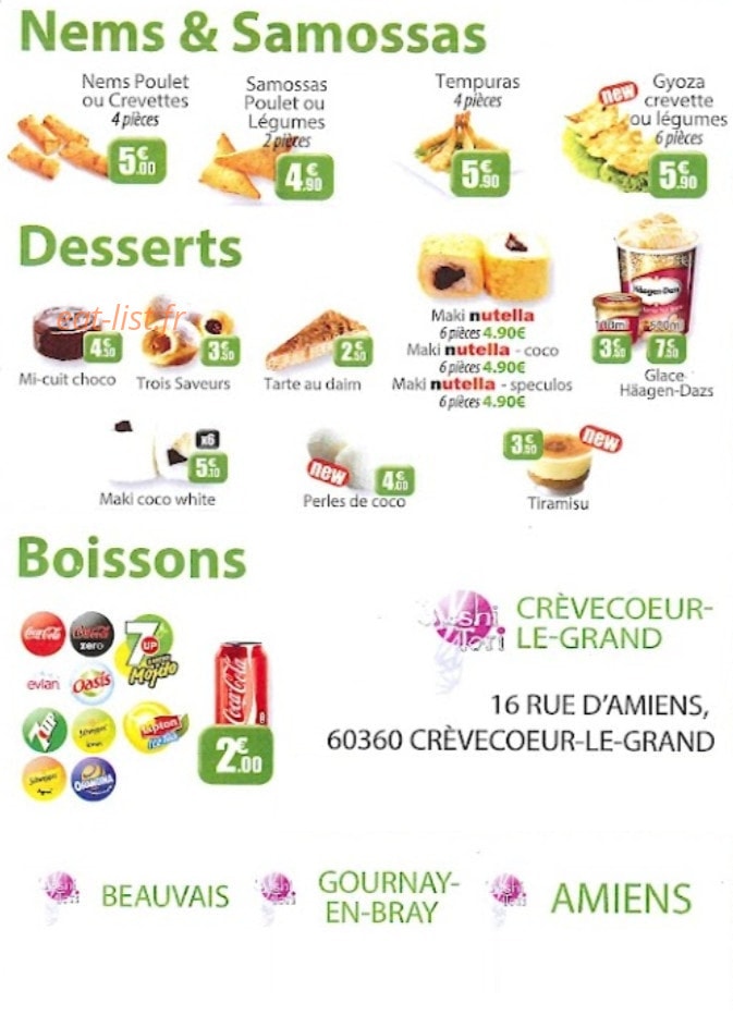 Carte et menu de Sushi Tori à Crevecoeur le Grand — Les nems, desserts, boissons,...