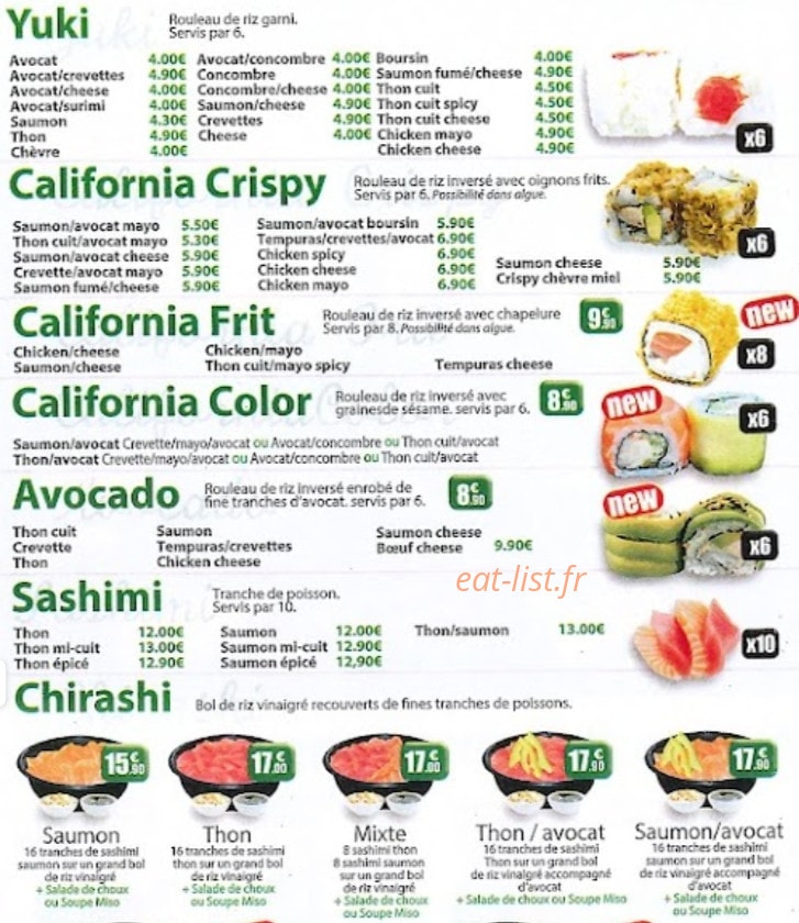 Carte et menu de Sushi Tori à Crevecoeur le Grand — Yuki, shashimi et avocado,...
