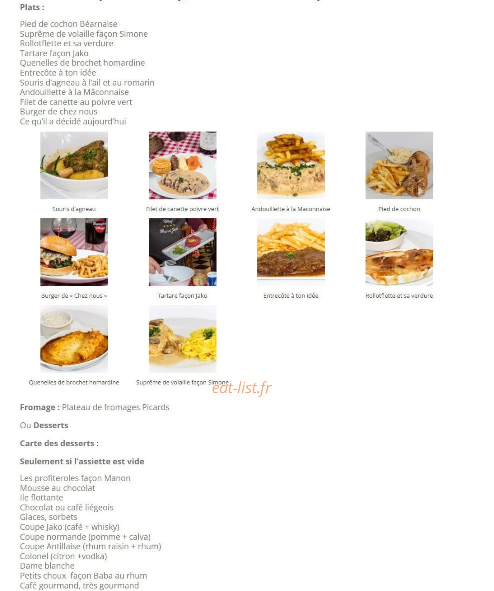 Carte et menu de Chez Jako à Villeneuve sur Verberie — Les plats et desserts