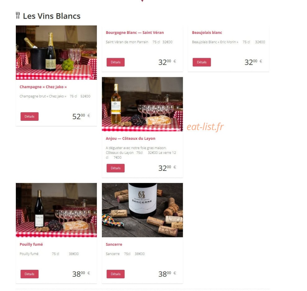 Carte et menu de Chez Jako à Villeneuve sur Verberie — Les vins blancs