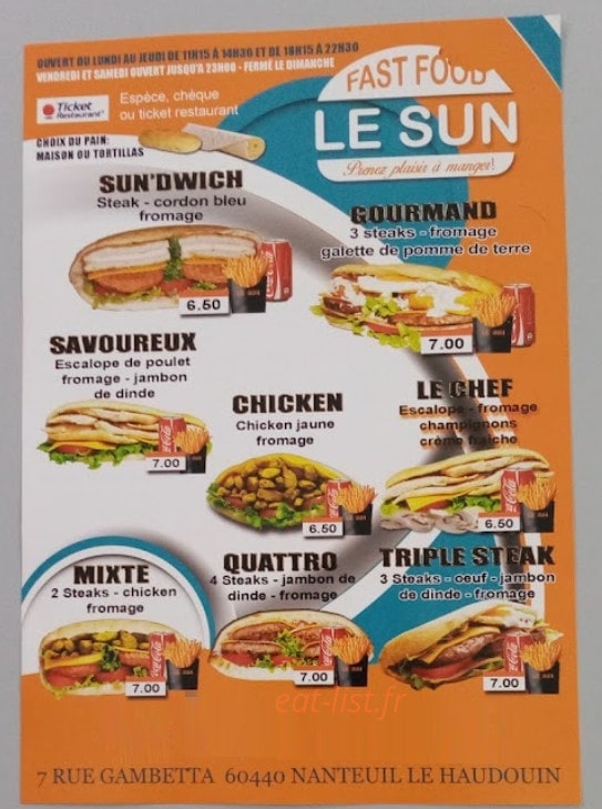 Fast food Le SUN — carte page 1