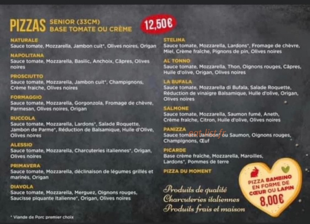 Carte et menu de Trattoria 60 à Nanteuil le Haudouin — Les pizzas