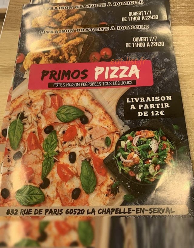 Primos pizza — carte page 1