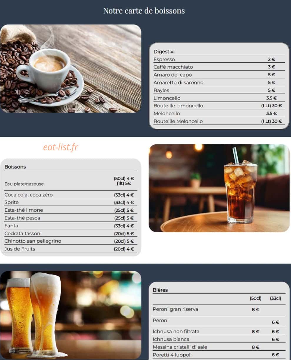 Carte et menu de Deux Napolitains à Paris à Orry la Ville — Les boissons