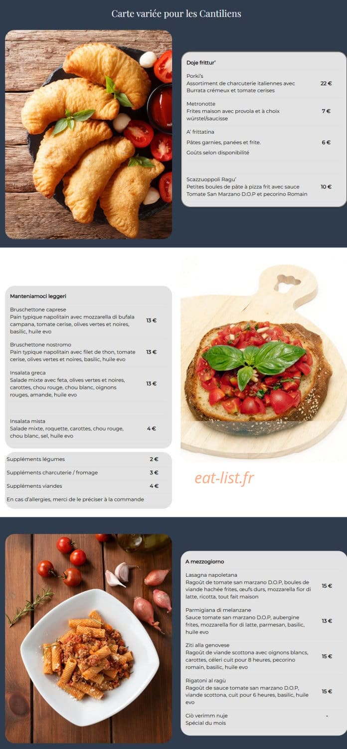 Carte et menu de Deux Napolitains à Paris à Orry la Ville — Carte variée pour les cantiliens