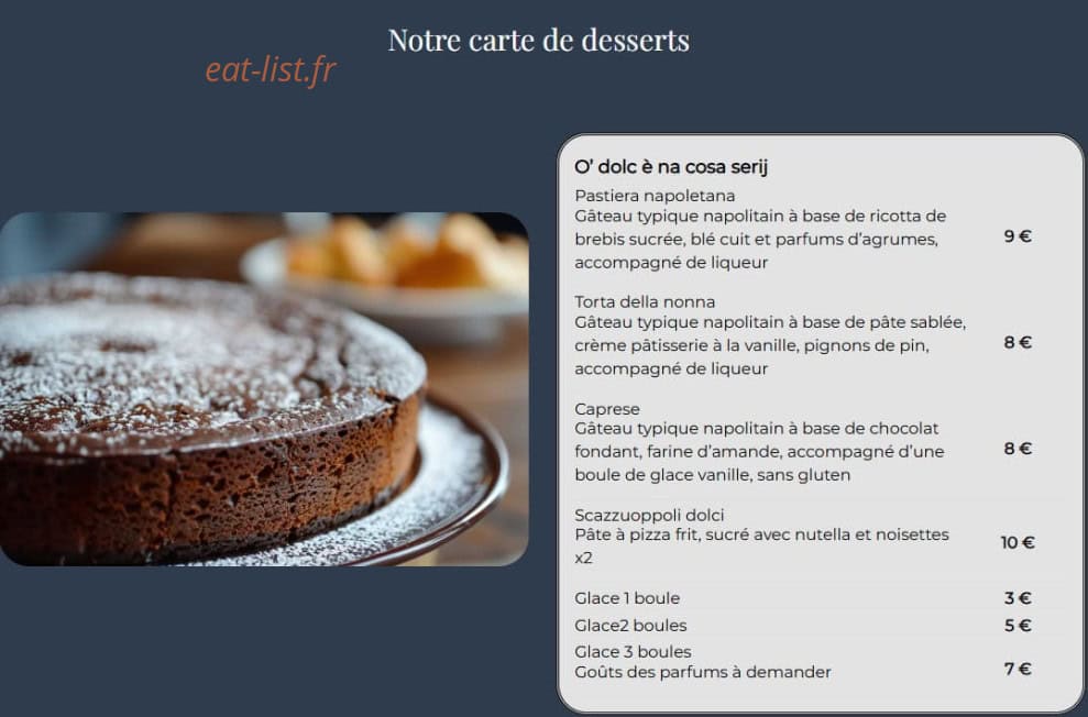 Carte et menu de Deux Napolitains à Paris à Orry la Ville — Les desserts