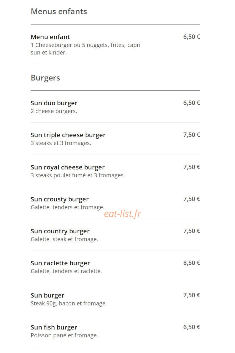 Sun Burger — carte page 3