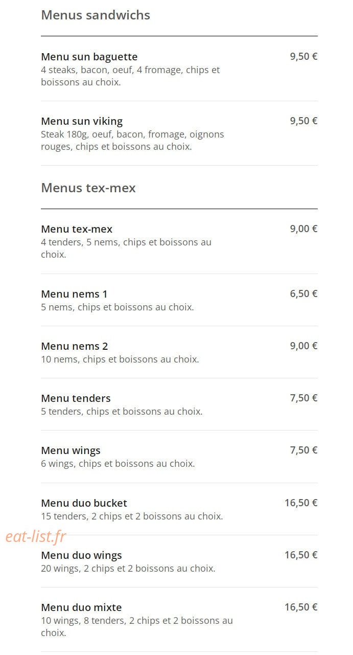 Sun Burger — carte page 2