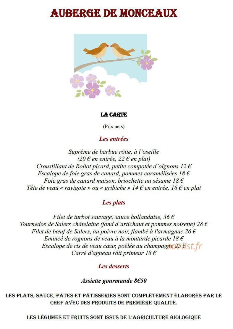 L'Auberge de Monceaux — carte page 1