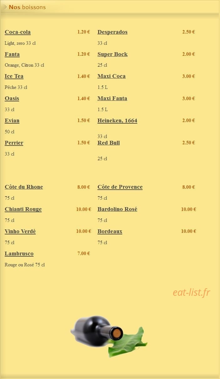 Carte et menu de Pizza Lusitalia à Villers Saint Paul — Les Boissons