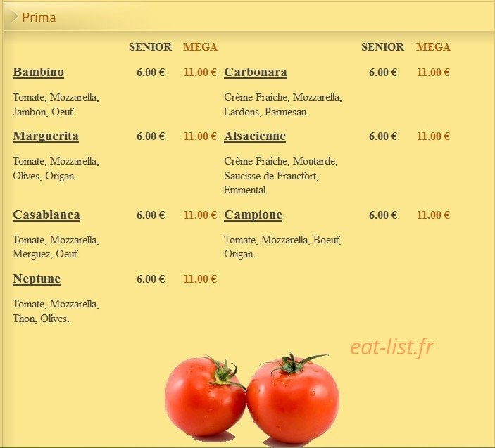 Carte et menu de Pizza Lusitalia à Villers Saint Paul — Les Primas