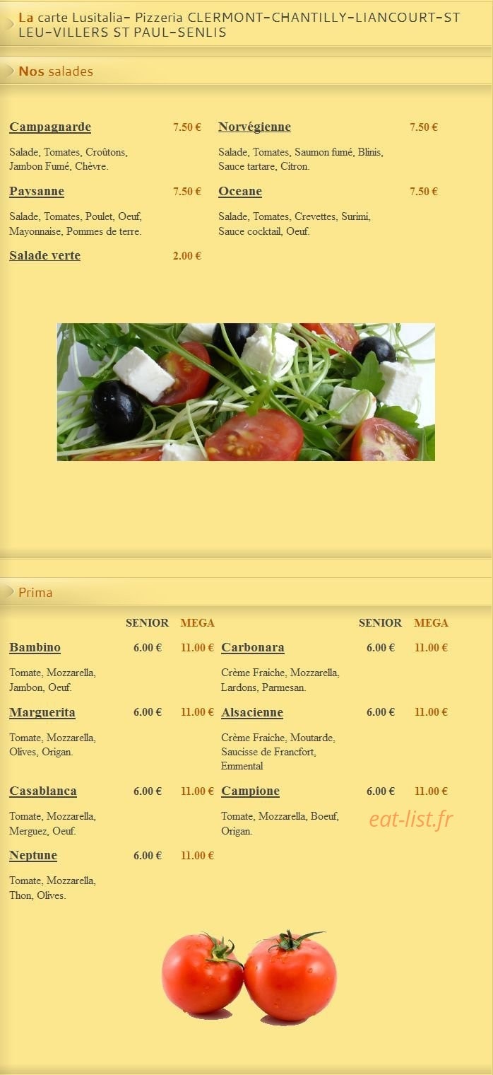 Carte et menu de Pizza Lusitalia à Villers Saint Paul — Les Salades