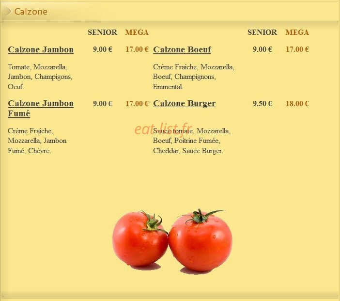 Carte et menu de Pizza Lusitalia à Villers Saint Paul — les Calzones