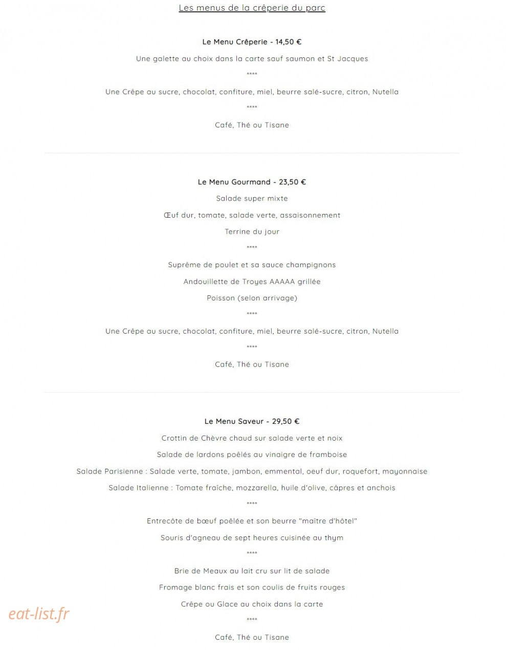 Crêperie du Parc — carte page 1