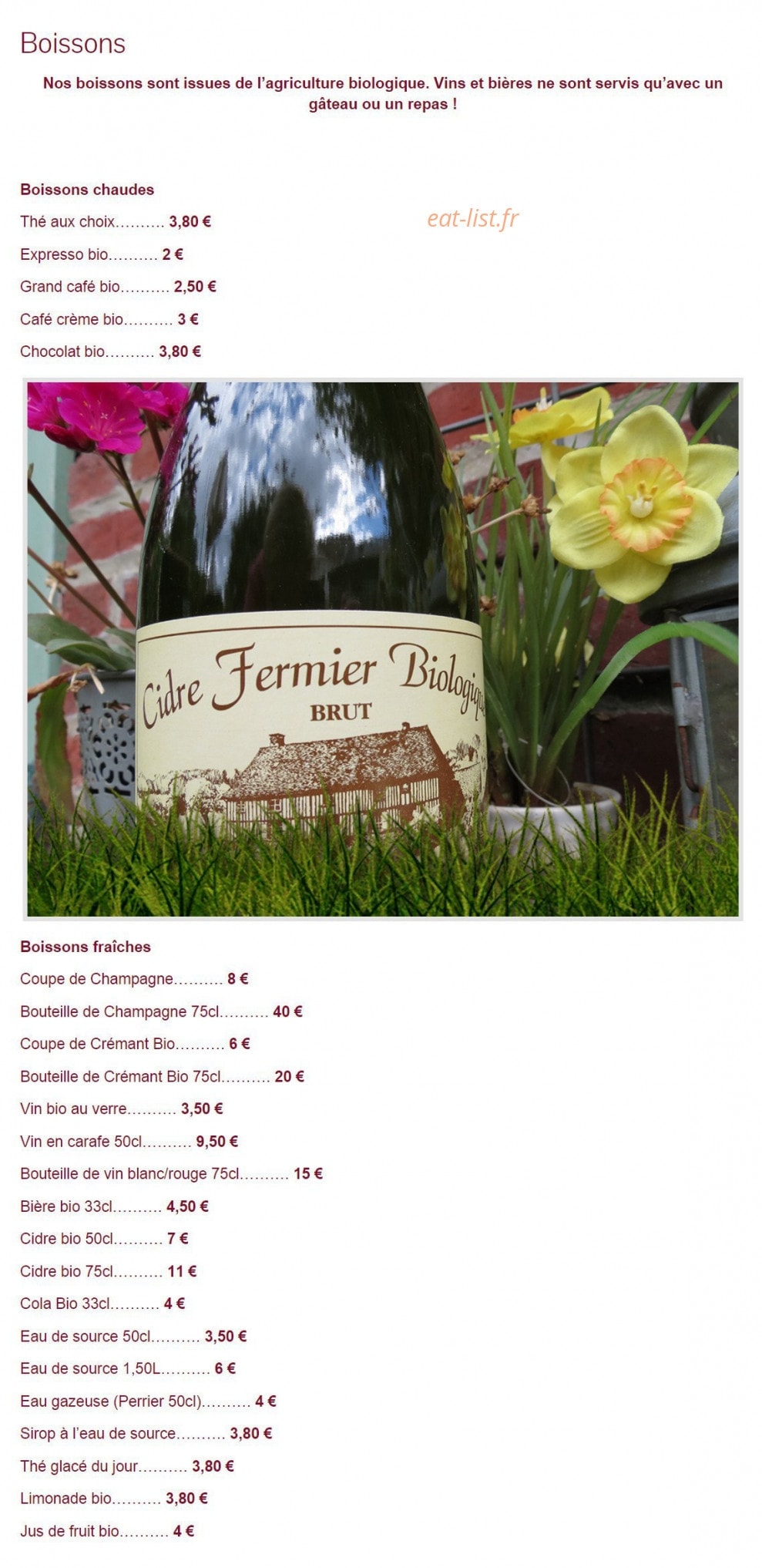 Carte et menu de Les Rêveries dans la Théière à Ermenonville — Les boissons